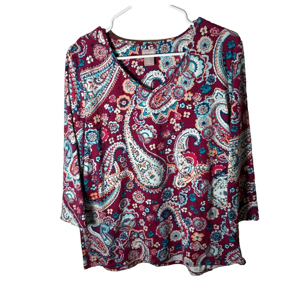 Chico's T-Shirt Women's 2 Large V-Neck Paisley 3/4 Sleeve Printed Colorful Top